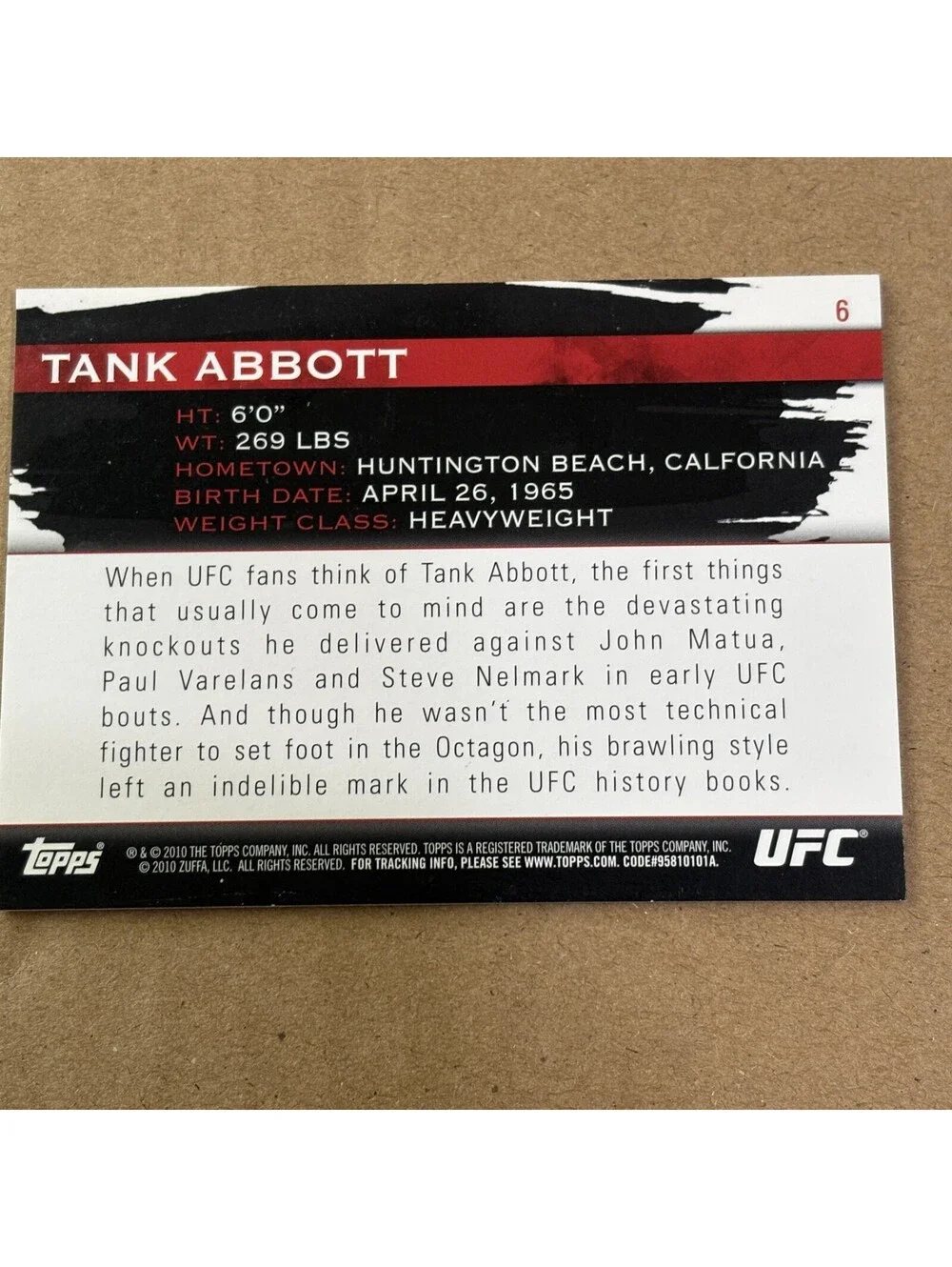 2010 Topps UFC Knockout Tank Abbott #6 Gold #/288
